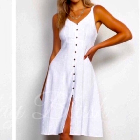 White Front Button Sleeveless Midi Dress - Picture 4 of 7